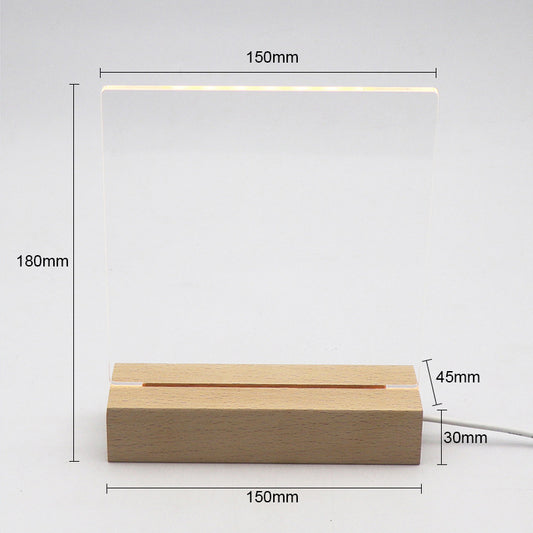 3D LED-nattlampa med ograverad akrylskiva och bas i bokträ (varmvitt ljus)