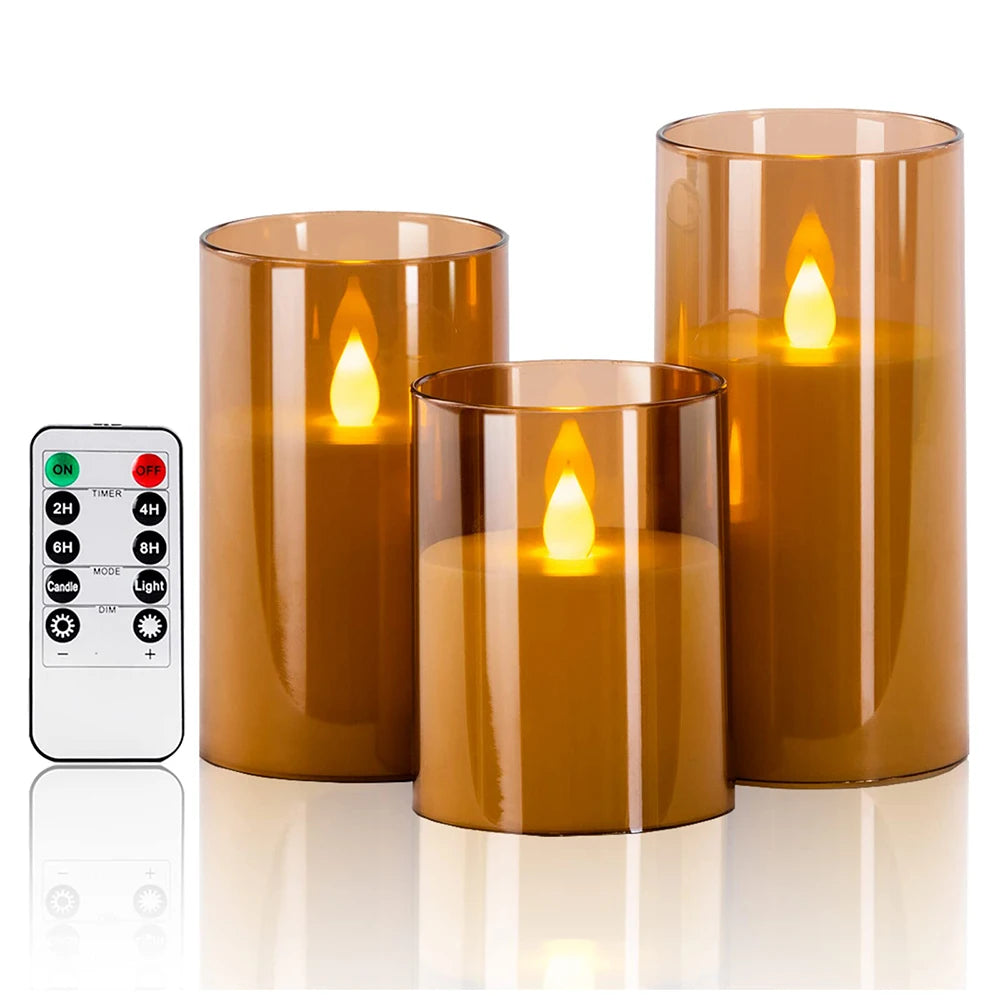 3-pakning LED-vokslys med realistisk flammeeffekt, fjernkontroll og dimmer