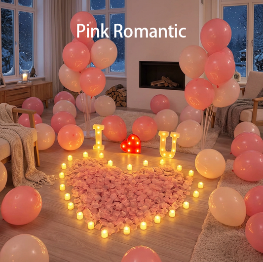 «I ❤️ U» overraskelsesfrierisett – LED-bokstaver, hjerteformede kronblader og ballongsett for romantiske innendørs forlovelsesoverraskelser.