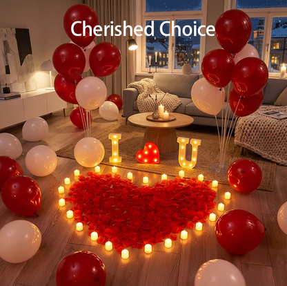 «I ❤️ U» overraskelsesfrierisett – LED-bokstaver, hjerteformede kronblader og ballongsett for romantiske innendørs forlovelsesoverraskelser.
