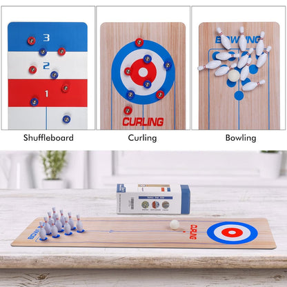 3-i-1 Bordsspel: Curling, Bowling & Shuffleboard
