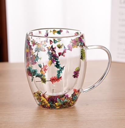 🌸🌿 Begränsad upplaga 2026 | Dubbelväggig Glasmugg med Flerfärgade Blommor, 350 ml