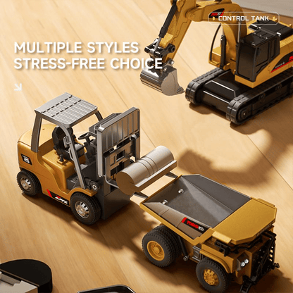 ByggRörelse™ 1:64 Premium Mini RC Byggset i Metall – Gaffeltruck, Grävmaskin & Tipptruck