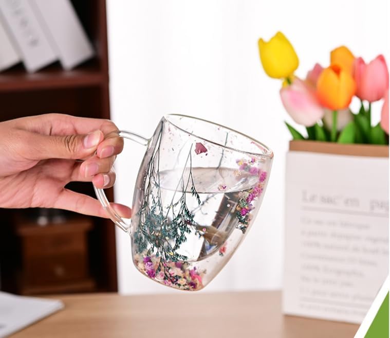 🌸🌿 Begränsad upplaga 2026 | Dubbelväggig Glasmugg med Flerfärgade Blommor, 350 ml