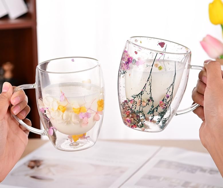🌸🌿 Begränsad upplaga 2026 | Dubbelväggig Glasmugg med Flerfärgade Blommor, 350 ml