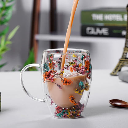 🌸🌿 Begränsad upplaga 2026 | Dubbelväggig Glasmugg med Flerfärgade Blommor, 350 ml