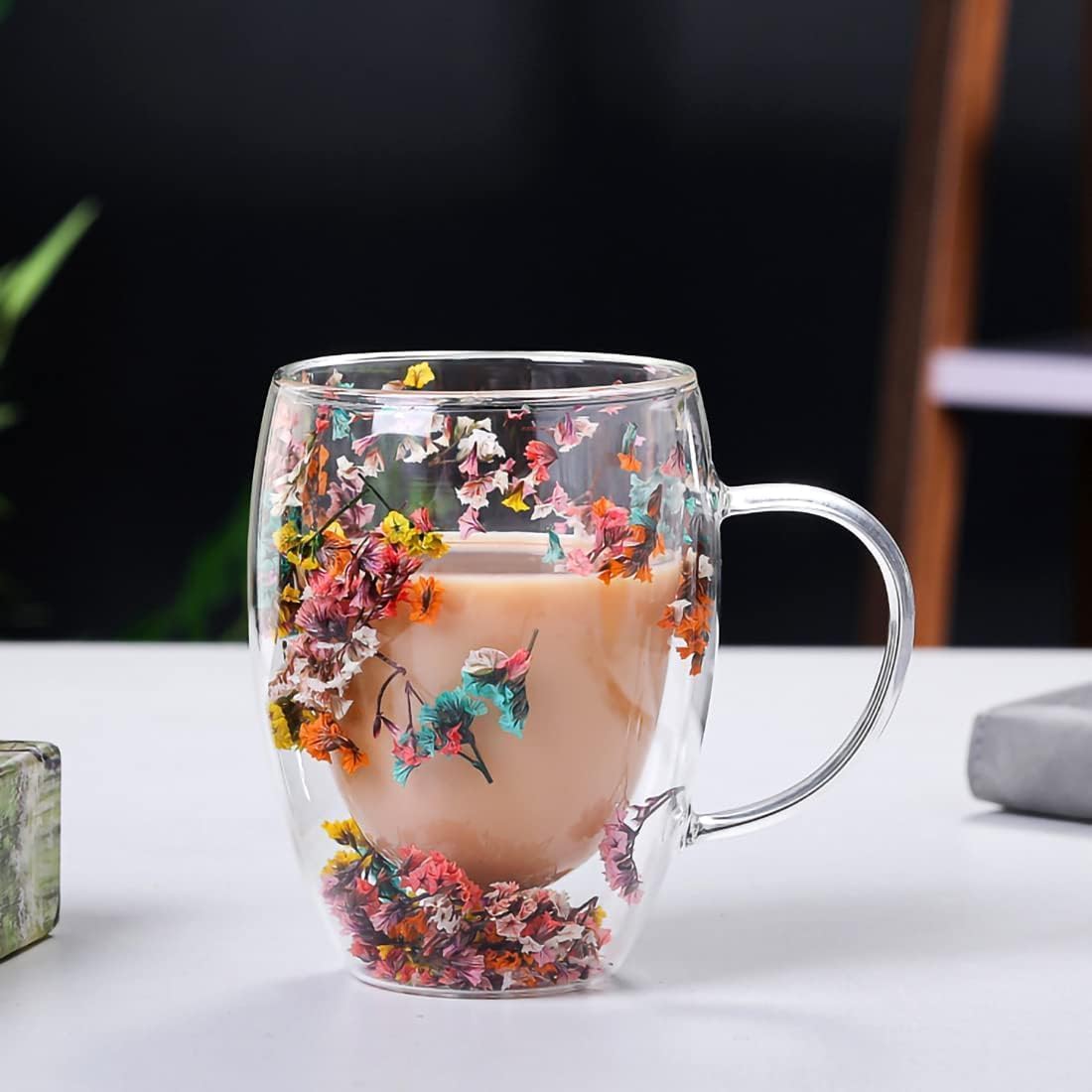 🌸🌿 Begränsad upplaga 2026 | Dubbelväggig Glasmugg med Flerfärgade Blommor, 350 ml