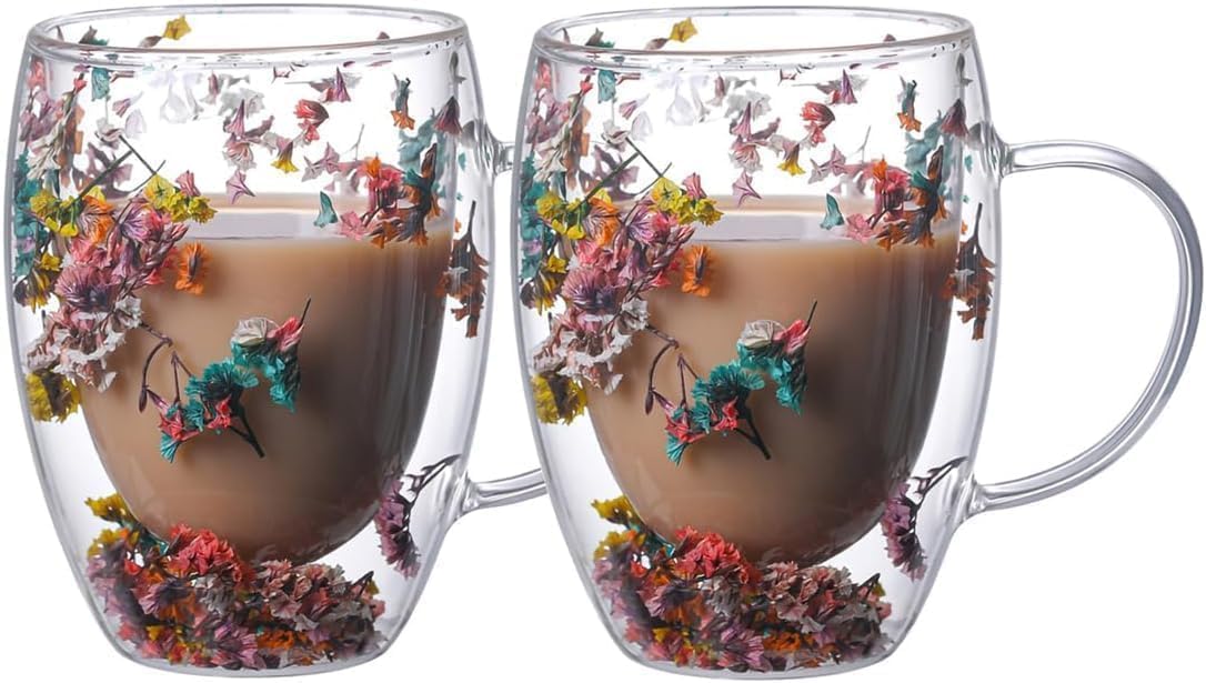 🌸🌿 Begränsad upplaga 2026 | Dubbelväggig Glasmugg med Flerfärgade Blommor, 350 ml
