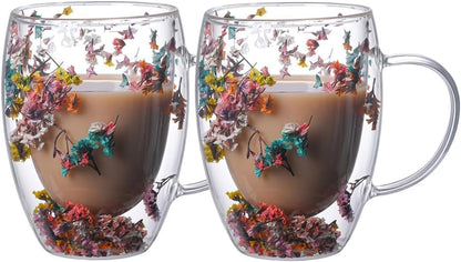 🌸🌿 Begränsad upplaga 2026 | Dubbelväggig Glasmugg med Flerfärgade Blommor, 350 ml