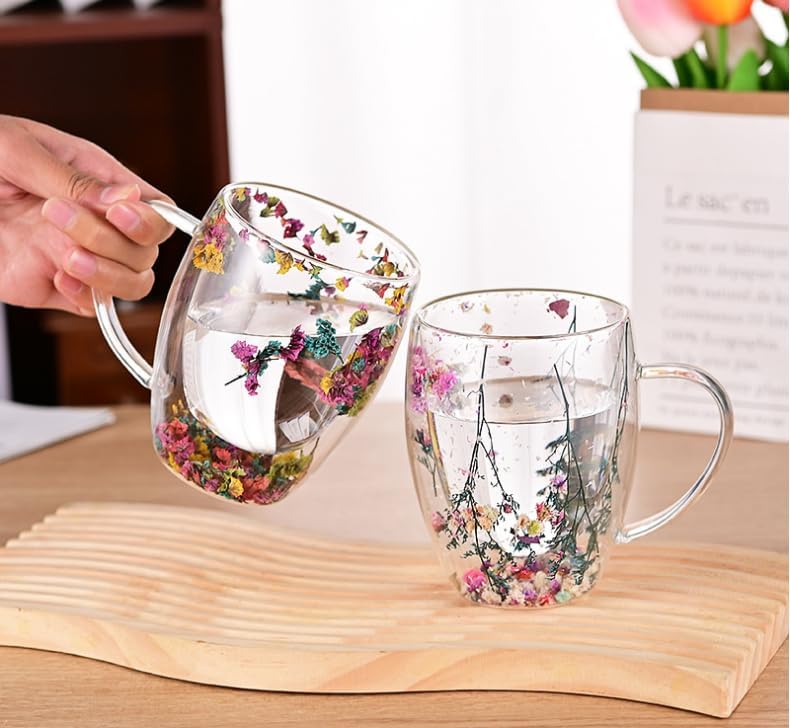 🌸🌿 Begränsad upplaga 2026 | Dubbelväggig Glasmugg med Flerfärgade Blommor, 350 ml