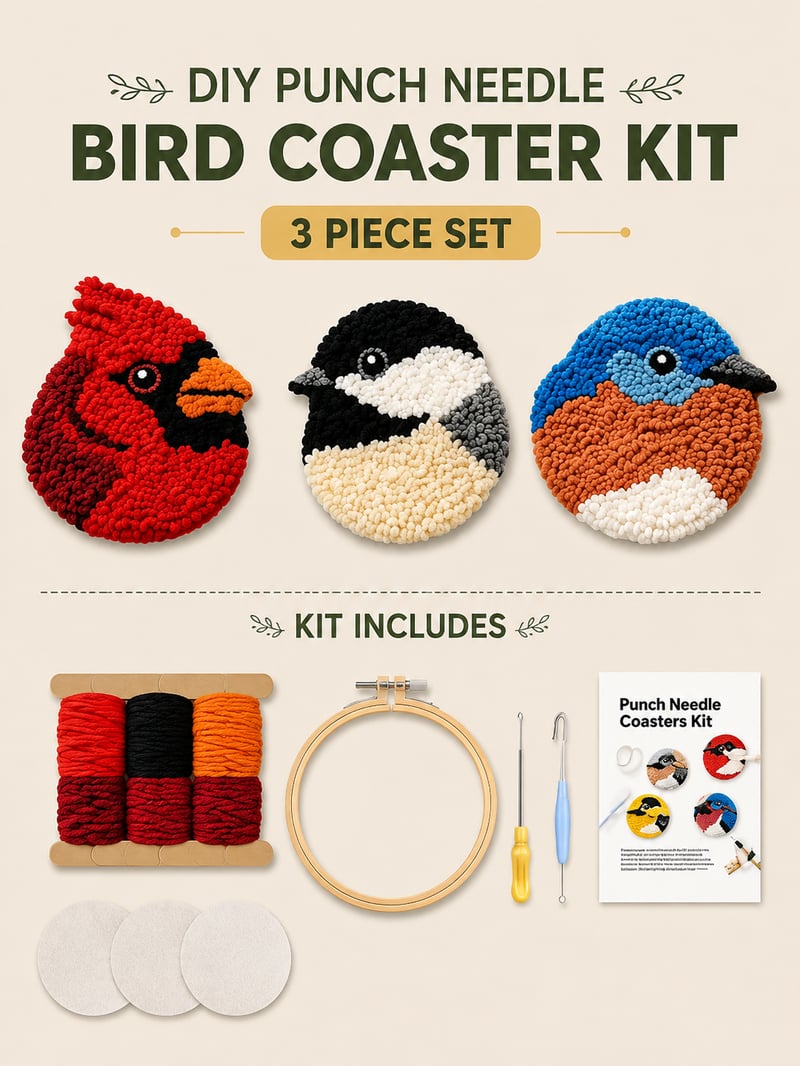 🔥 SISTE DAG 50 % RABATT – 🧵 Punch Needle-sett for nybegynnere: DIY Fugleunderlegg🐦
