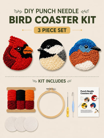 🔥 SISTE DAG 50 % RABATT – 🧵 Punch Needle-sett for nybegynnere: DIY Fugleunderlegg🐦