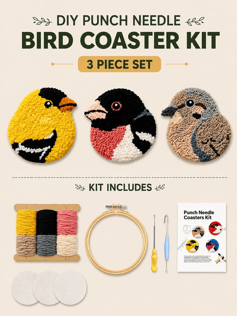 🔥 SISTE DAG 50 % RABATT – 🧵 Punch Needle-sett for nybegynnere: DIY Fugleunderlegg🐦
