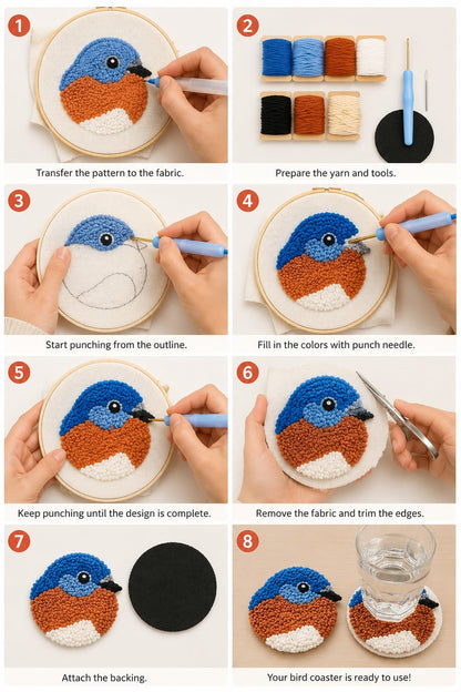 🔥 SISTE DAG 50 % RABATT – 🧵 Punch Needle-sett for nybegynnere: DIY Fugleunderlegg🐦