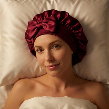 Mulberry silk bonnet that reduces frizz &amp; preserves hair moisture overnight 