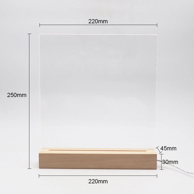 3D LED-nattlampe med ugravert akrylplate og base i bøketre (varmhvitt lys)