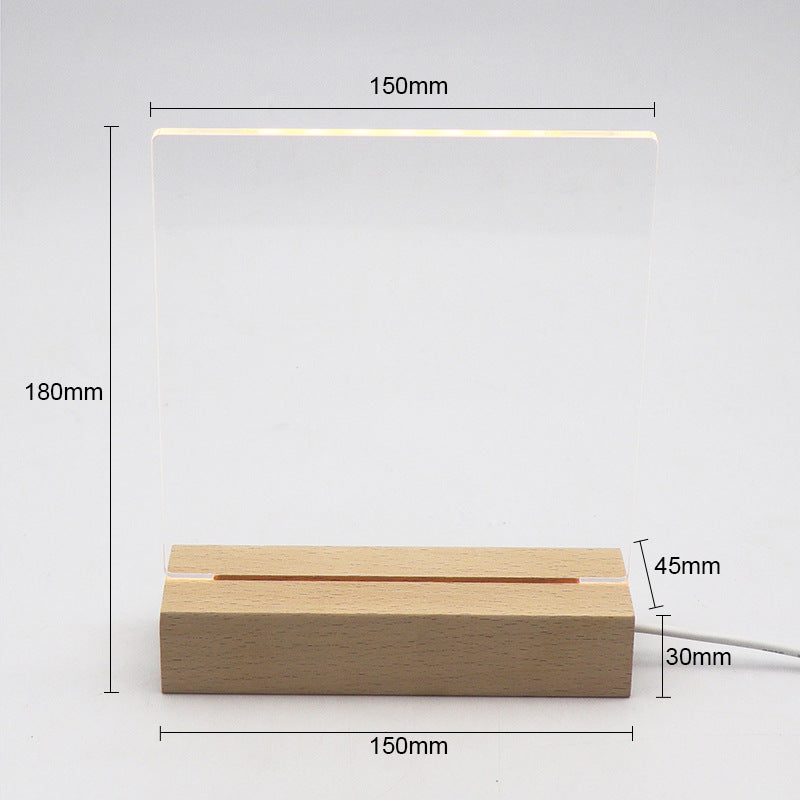 3D LED-nattlampe med ugravert akrylplate og base i bøketre (varmhvitt lys)