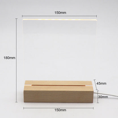 3D LED-nattlampe med ugravert akrylplate og base i bøketre (varmhvitt lys)