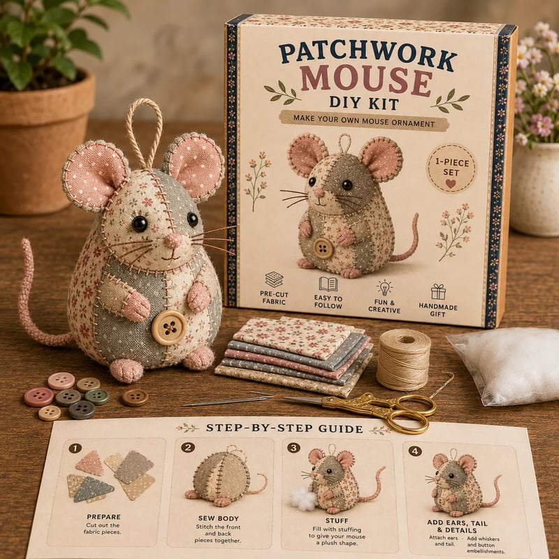 🐭🧵 DIY-kit: Lapptäcksmus / Sy din egen mus i patchwork