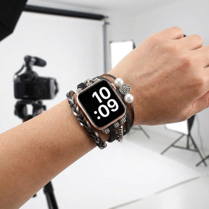 Blomdekor Läderarmband kompatibelt med Apple Watch – Boho Multilager