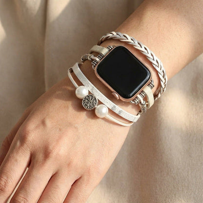 Blomdekor Läderarmband kompatibelt med Apple Watch – Boho Multilager