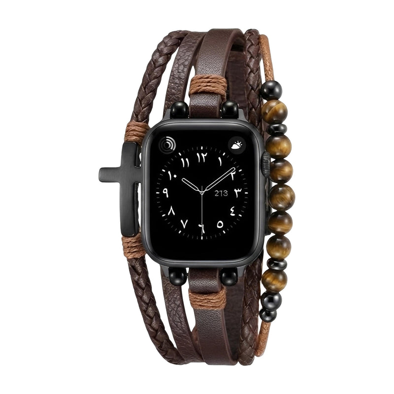 Tigersöga & Veganläder Armband med Kors – Kompatibelt med Apple Watch