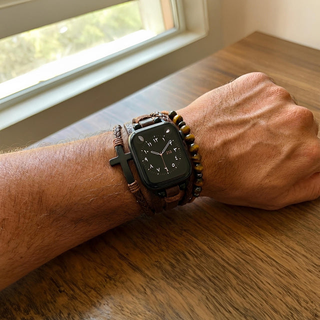 Tigersöga & Veganläder Armband med Kors – Kompatibelt med Apple Watch