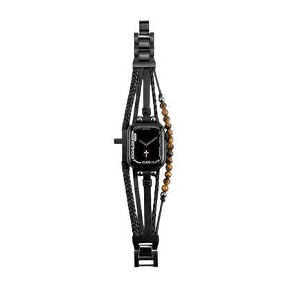 Tigersöga & Veganläder Armband med Kors – Kompatibelt med Apple Watch