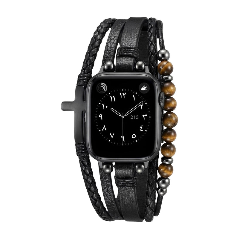 Tigersöga & Veganläder Armband med Kors – Kompatibelt med Apple Watch