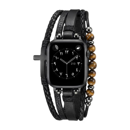 Tigersöga & Veganläder Armband med Kors – Kompatibelt med Apple Watch