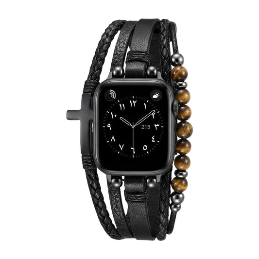 Tigersöga & Veganläder Armband med Kors – Kompatibelt med Apple Watch