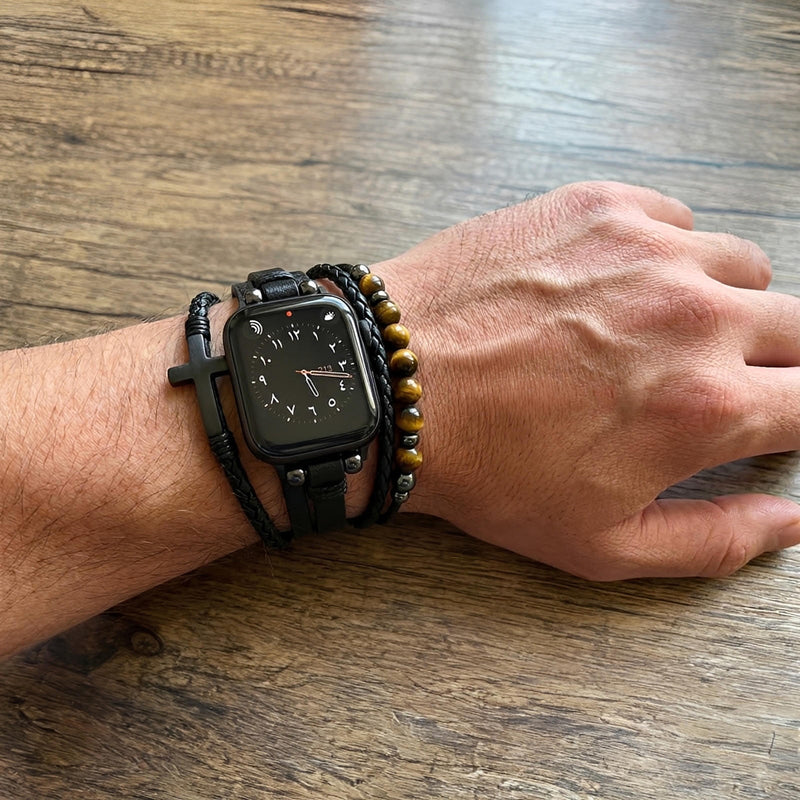 Tigersöga & Veganläder Armband med Kors – Kompatibelt med Apple Watch