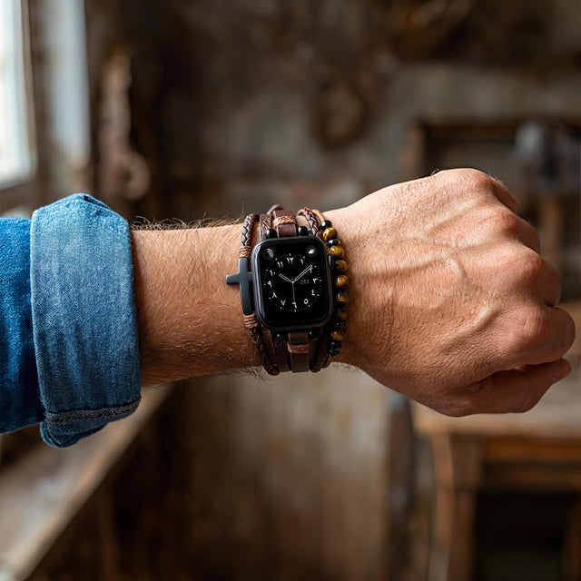 Tigersöga & Veganläder Armband med Kors – Kompatibelt med Apple Watch