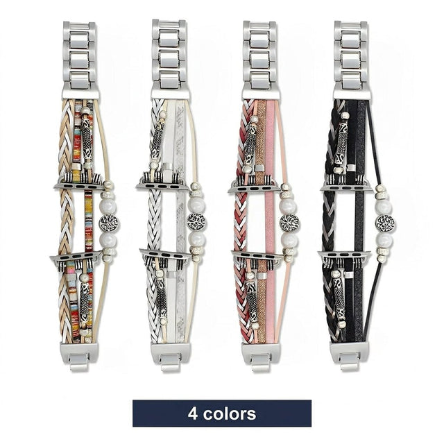 Blomdekor Läderarmband kompatibelt med Apple Watch – Boho Multilager
