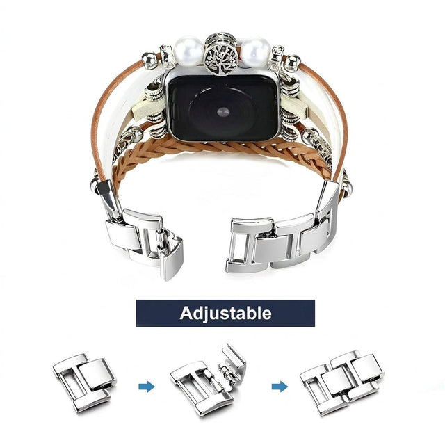 Blomdekor Läderarmband kompatibelt med Apple Watch – Boho Multilager