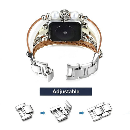 Blomdekor Läderarmband kompatibelt med Apple Watch – Boho Multilager