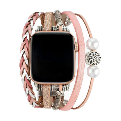 Blomdekor Läderarmband kompatibelt med Apple Watch – Boho Multilager