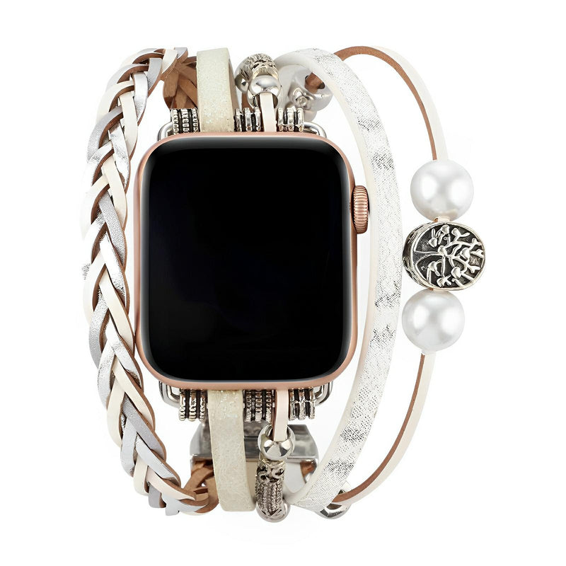 Blomdekor Läderarmband kompatibelt med Apple Watch – Boho Multilager