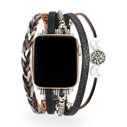 Blomdekor Läderarmband kompatibelt med Apple Watch – Boho Multilager