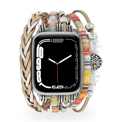 Blomdekor Läderarmband kompatibelt med Apple Watch – Boho Multilager