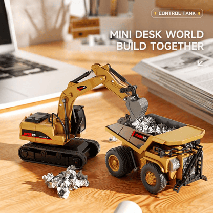 ByggRörelse™ 1:64 Premium Mini RC Byggset i Metall – Gaffeltruck, Grävmaskin & Tipptruck