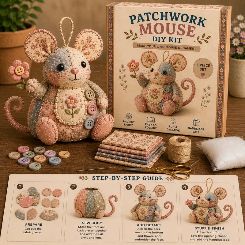 🐭🧵 DIY-kit: Lapptäcksmus / Sy din egen mus i patchwork