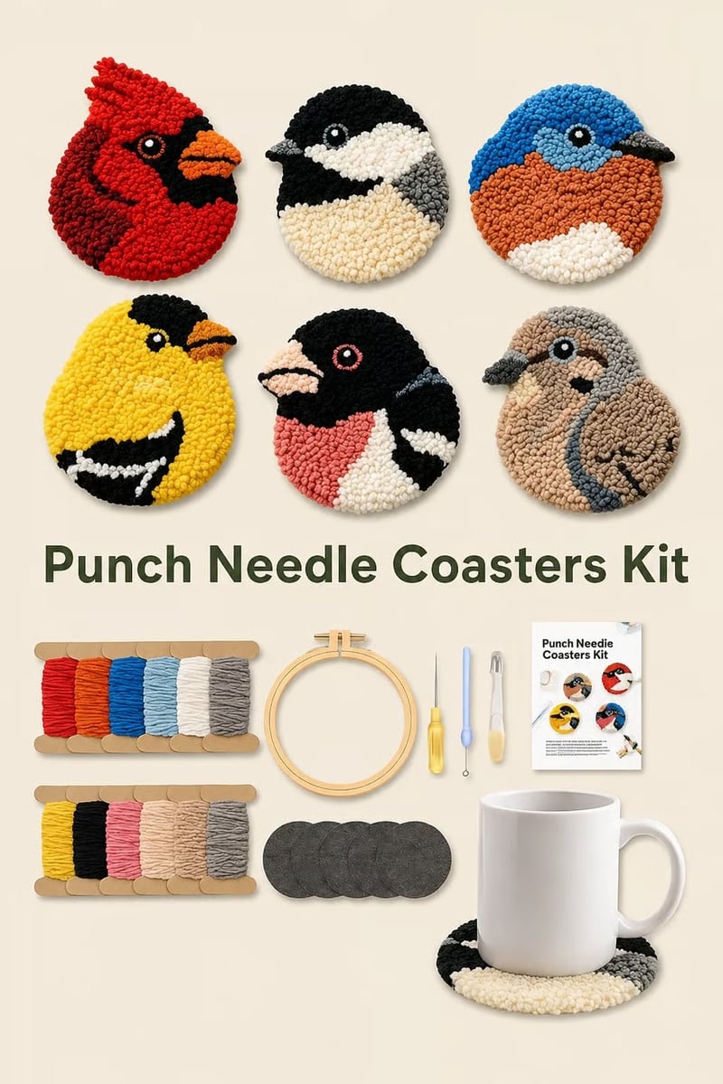 🔥 SISTE DAG 50 % RABATT – 🧵 Punch Needle-sett for nybegynnere: DIY Fugleunderlegg🐦