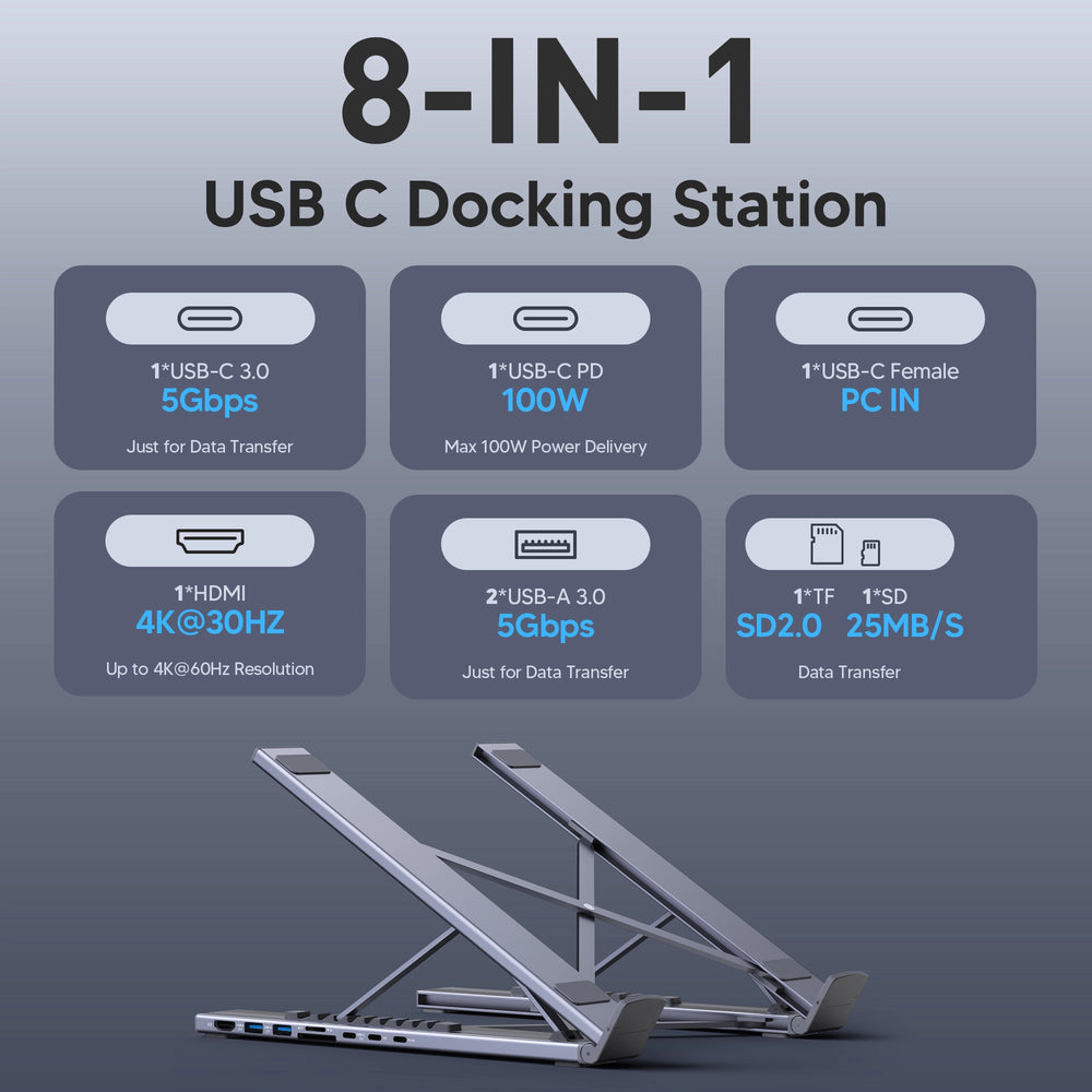 ⚡ 2-i-1 USB-C-dockningsstation & laptopstativ – 8 portar, 4K HDMI & justerbar höjd för ökad produktivitet 🖥️