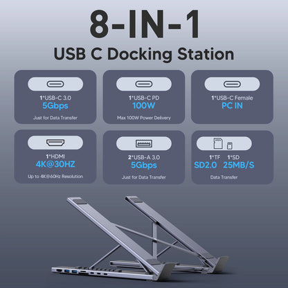 ⚡ 2-i-1 USB-C-dockningsstation & laptopstativ – 8 portar, 4K HDMI & justerbar höjd för ökad produktivitet 🖥️