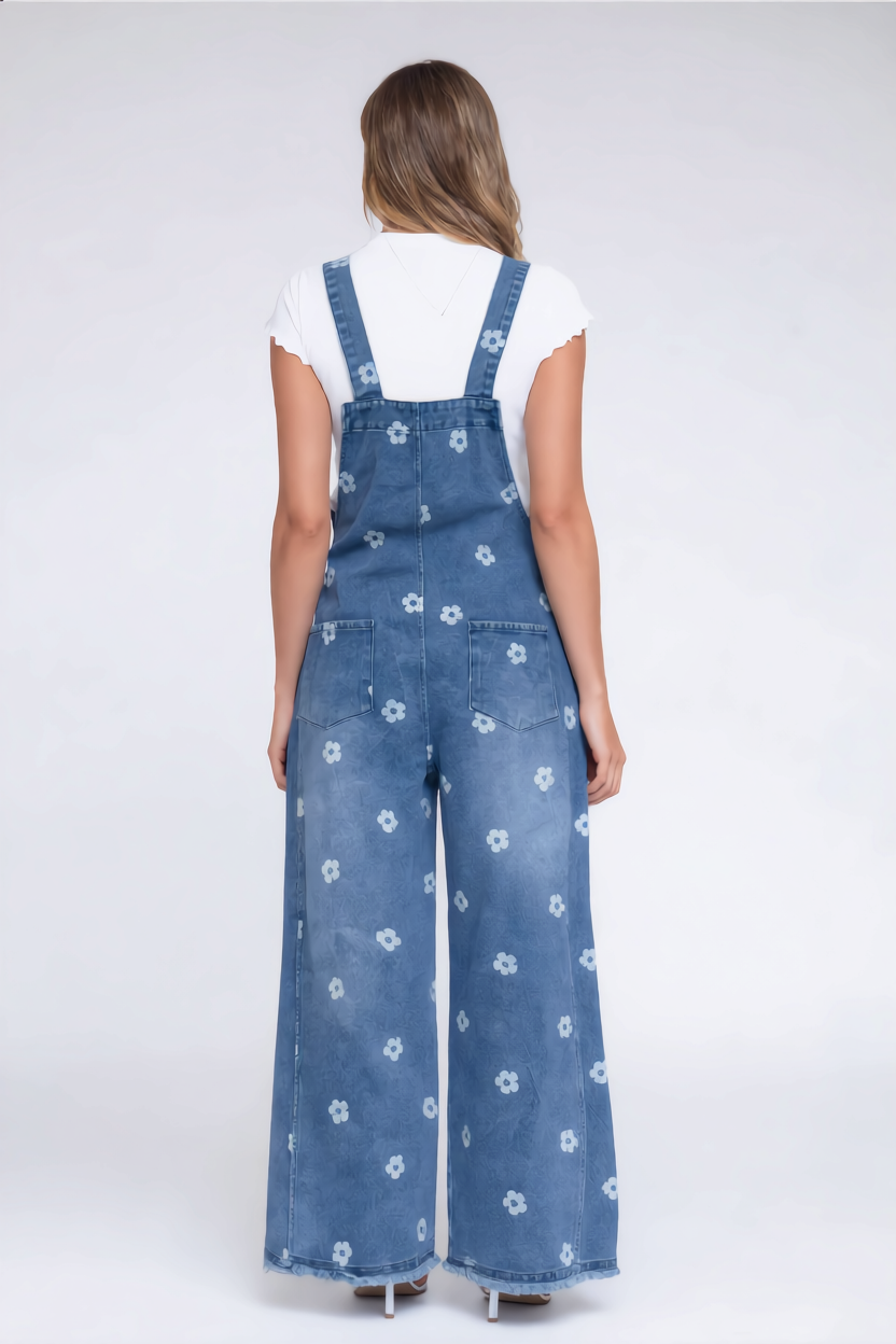 Blommiga denimoveraller