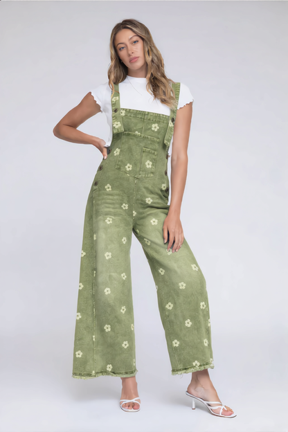 Blommiga denimoveraller